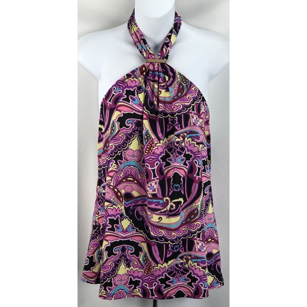 Vintage psychedelic Halter top L purple Geometric Charm Tie Neck 90s Retro
